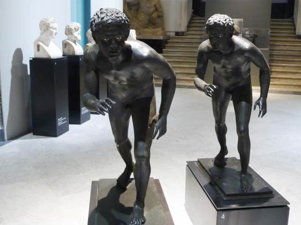 Villa dei Papiri, Herculaneum. Bronze statues of two wrestlers or athletes. Found in 1754, near the west curve of pond.
Now in Naples Archaeological Museum. Inventory numbers 5626 and 5627.
Photo courtesy of Buzz Ferebee.